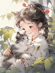 在花丛中抱着猫的可爱卡通女孩水墨风图片
