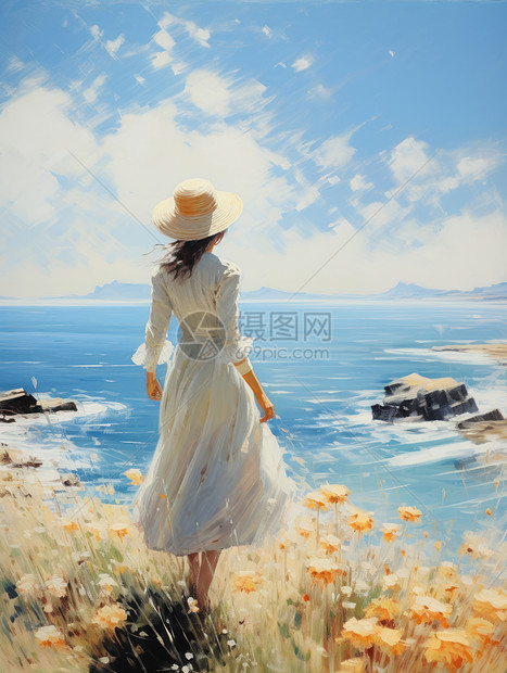 站在花丛中面向大海戴帽子的年轻女孩背影图片