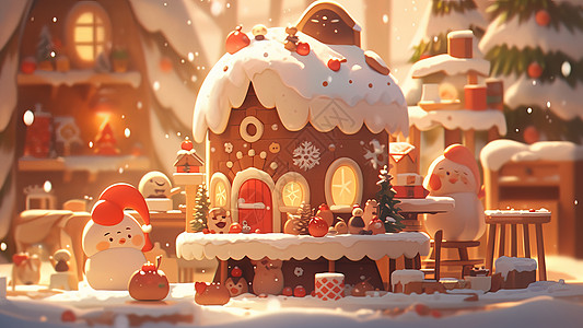 雪中可爱的卡通小木屋与雪人图片