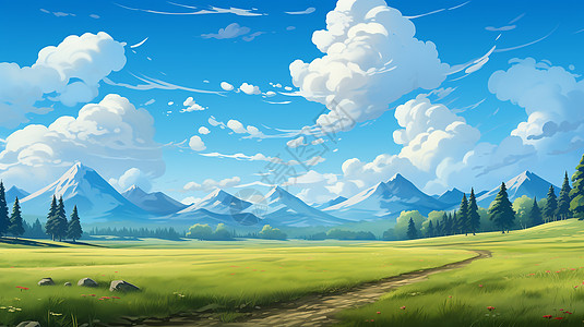卡通可爱背景草公园草地蓝天白云图片