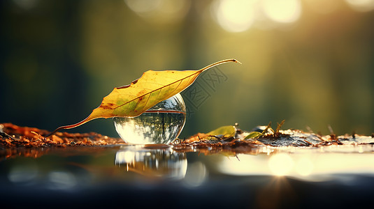 落叶中的水滴特写镜头图片