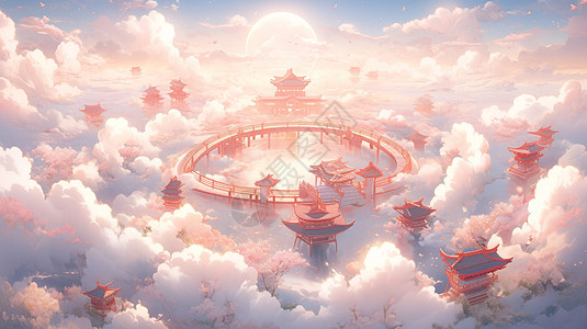 云朵上的梦幻卡通古风建筑鸟瞰图图片