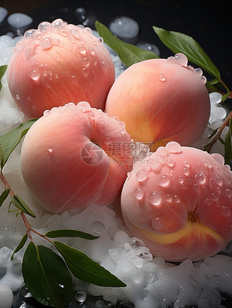 在冰块上超大诱人的新鲜水蜜桃图片