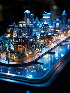 夜晚发蓝色霓虹光的城市建筑与公路图片
