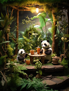 微观三只可爱的熊猫竹棚喝茶图片