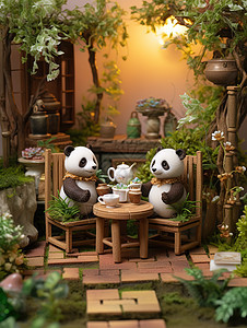 微观三只可爱的熊猫亭子里喝茶图片