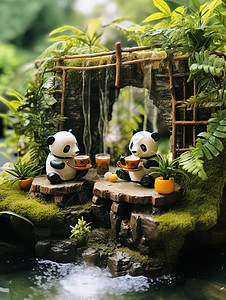 微观三只可爱的熊猫湖边喝茶图片
