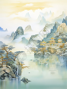 中国建筑静水山景诗意山水插画图片