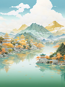 中国建筑静水山景插画图片