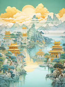 雾建筑中国建筑诗意云端祥瑞插画插画