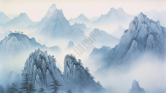 淡蓝色中国风群山插画背景图片