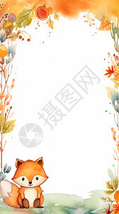 秋天水彩风小狐狸边框设计图片
