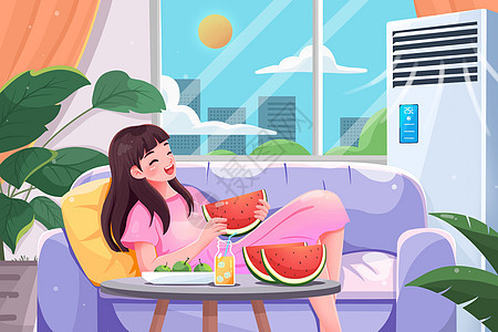 夏天在空调屋里休息吃西瓜的女孩插画图片