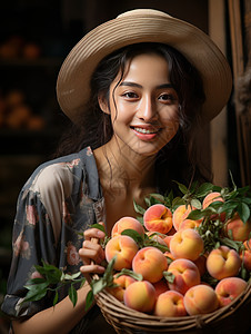 戴着草帽穿花衬衫开心笑的年轻女孩图片