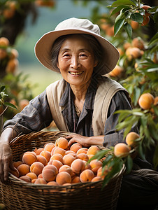 在桃园抱着丰收桃子开心笑的农妇图片
