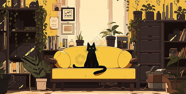坐在沙发上的小黑猫背景图片