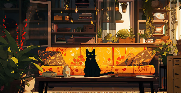 坐在茶几上的小黑猫高清图片