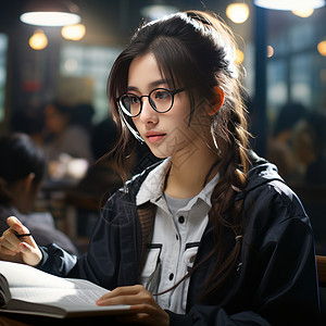 学习亚洲戴眼镜编发的女大学生插画