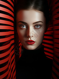 在红黑条纹间时尚的年轻女人背景图片