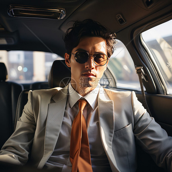 戴棕色领带穿浅灰色西装坐在车里的时尚男人图片