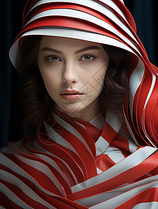 穿红白条纹时尚服装的年轻女人图片