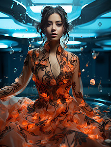 穿时尚穿橙色发光花朵裙子的女人背景图片