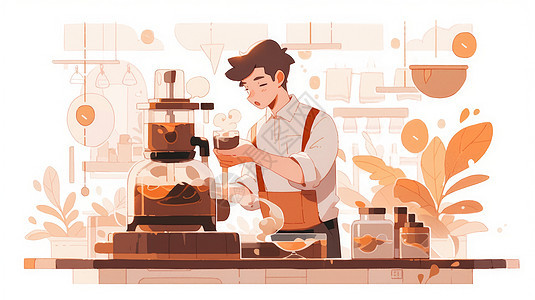 在咖啡机旁接咖啡的卡通咖啡师图片