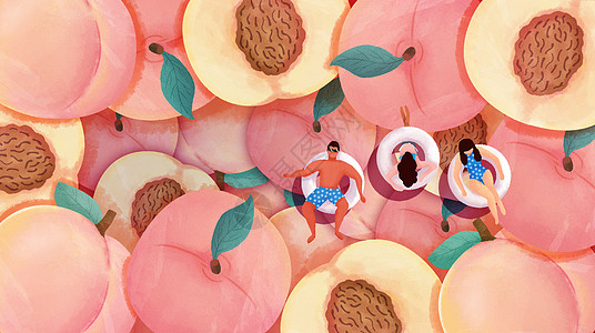 夏天泳池假期桃子蜜桃手绘风横版插画高清图片