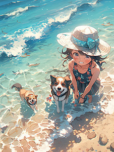 可爱的小女孩跟狗在海边背景图片