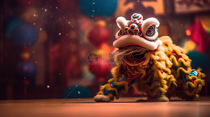 庆祝新年舞狮表演插画图片下载-正版图片402511462-摄图网