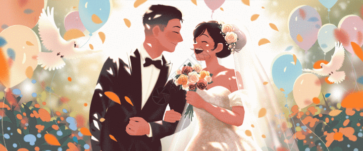 七夕与你的浪漫婚礼竖版插画gif动图图片