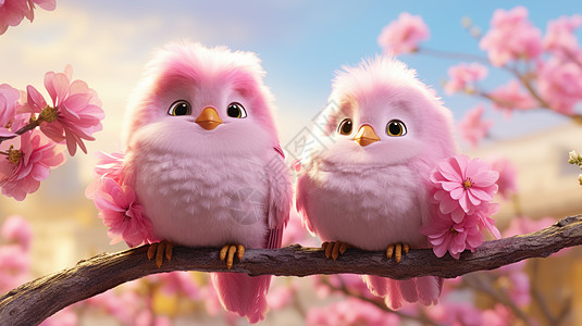 两只可爱的卡通粉色小鸟蹲在树枝上背景图片