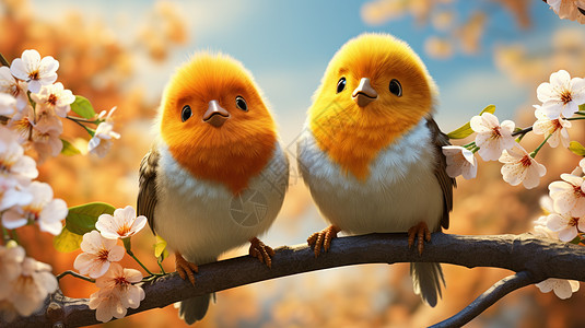 开满桃花的树枝上两只可爱的黄色羽毛小鸟图片