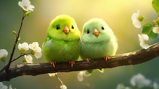 在树枝上两只可爱的绿色羽毛卡通小鸟图片