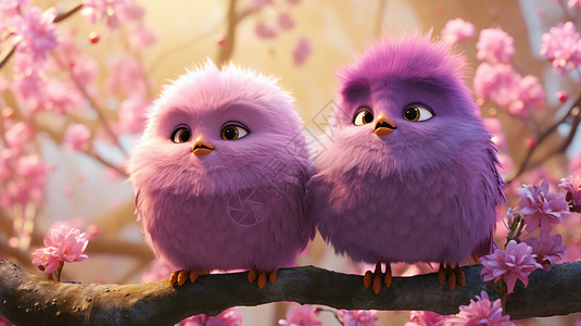 在树枝上两只可爱的紫色羽毛卡通小鸟图片