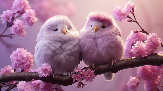 两只可爱的紫色羽毛卡通小鸟在树枝上图片