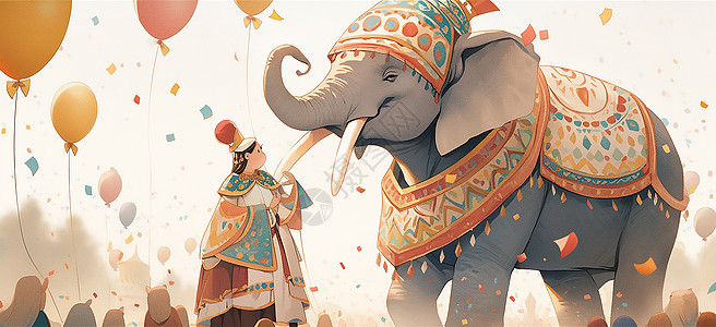 人物和大象插画图片