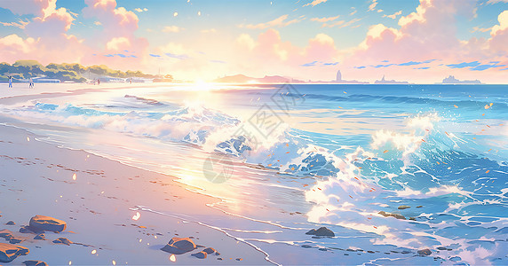 夕阳下的海岸沙滩图片