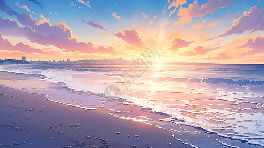 唯美夕阳下的海岸沙滩图片
