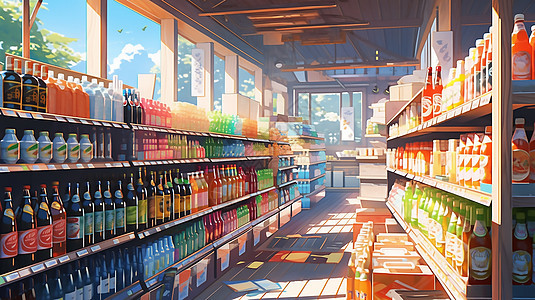 超市商店饮品货架场景插画图片