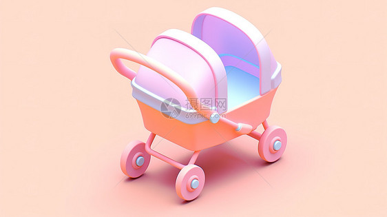 粉红色婴儿BB手推车3D图标图片