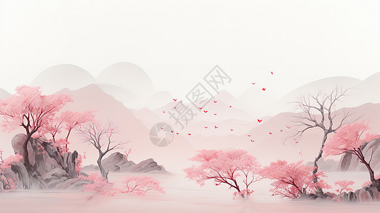 浅粉色中国风山水画背景图片