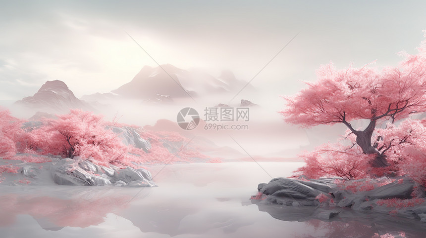 浅粉色浪漫中国风山水画图片