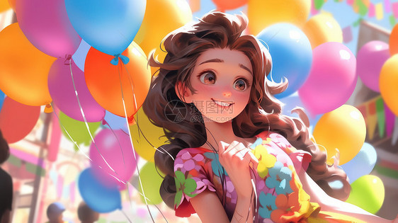 站在彩色气球下可爱的卡通公主图片