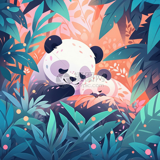 在树林子趴着睡觉的卡通熊猫图片