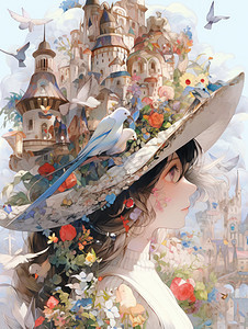 小清新卡通女孩头顶上的帽子是一座满花朵的欧式复古卡通城市图片