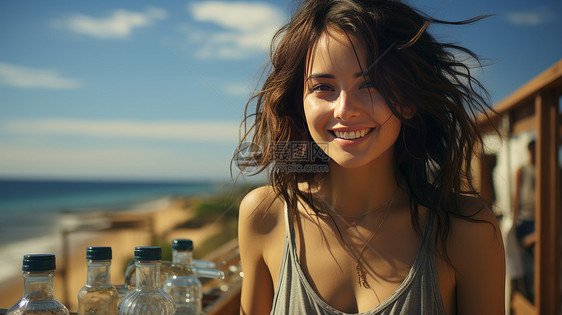 在海边度假开心笑的卷发年轻女孩图片