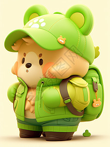 戴着绿色帽子背的可爱卡通小熊图片
