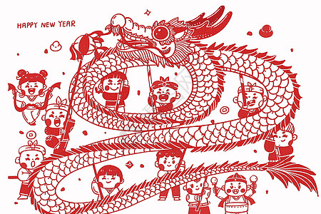 红色国庆2024新年春节龙年舞龙中国风剪纸插画