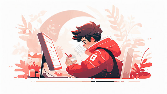 穿红色衣服在电脑前喝的卡通男青年图片
